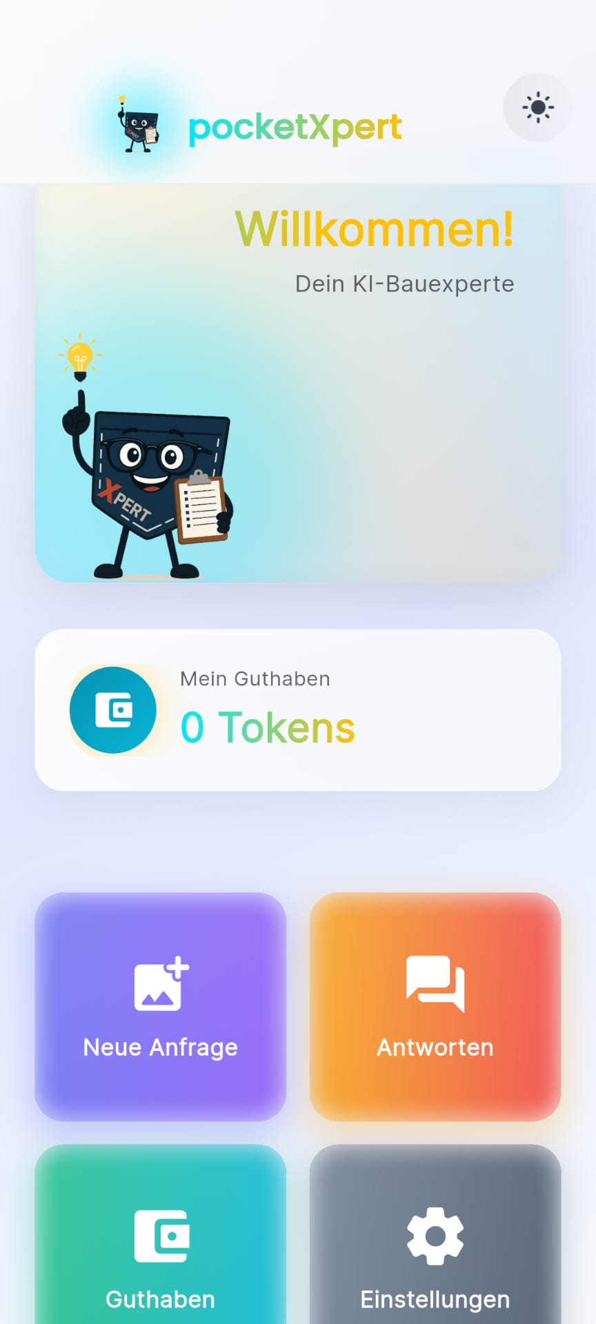 PocketXpert App – Hauptmenü mit KI-Bauberatung